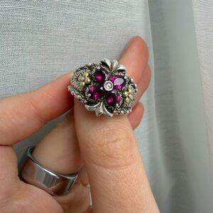 Barbara Bixby Rhodolite Garnet & White Topaz Ring SS & 18k Gold Size 7